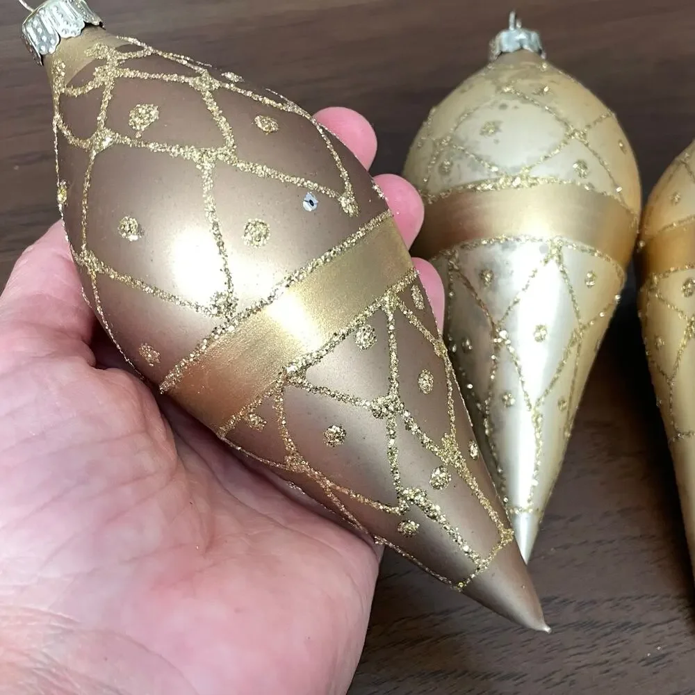 Hand Blown Gold Fluted Ornaments Glitter Lot of 6 Vtg Large Teardrop READ